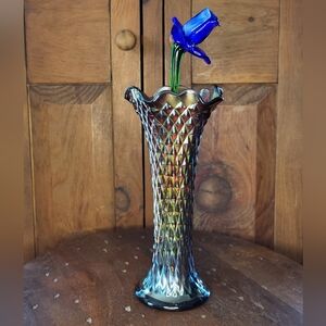 Carnival Glass Vase with Blue Glass Flower